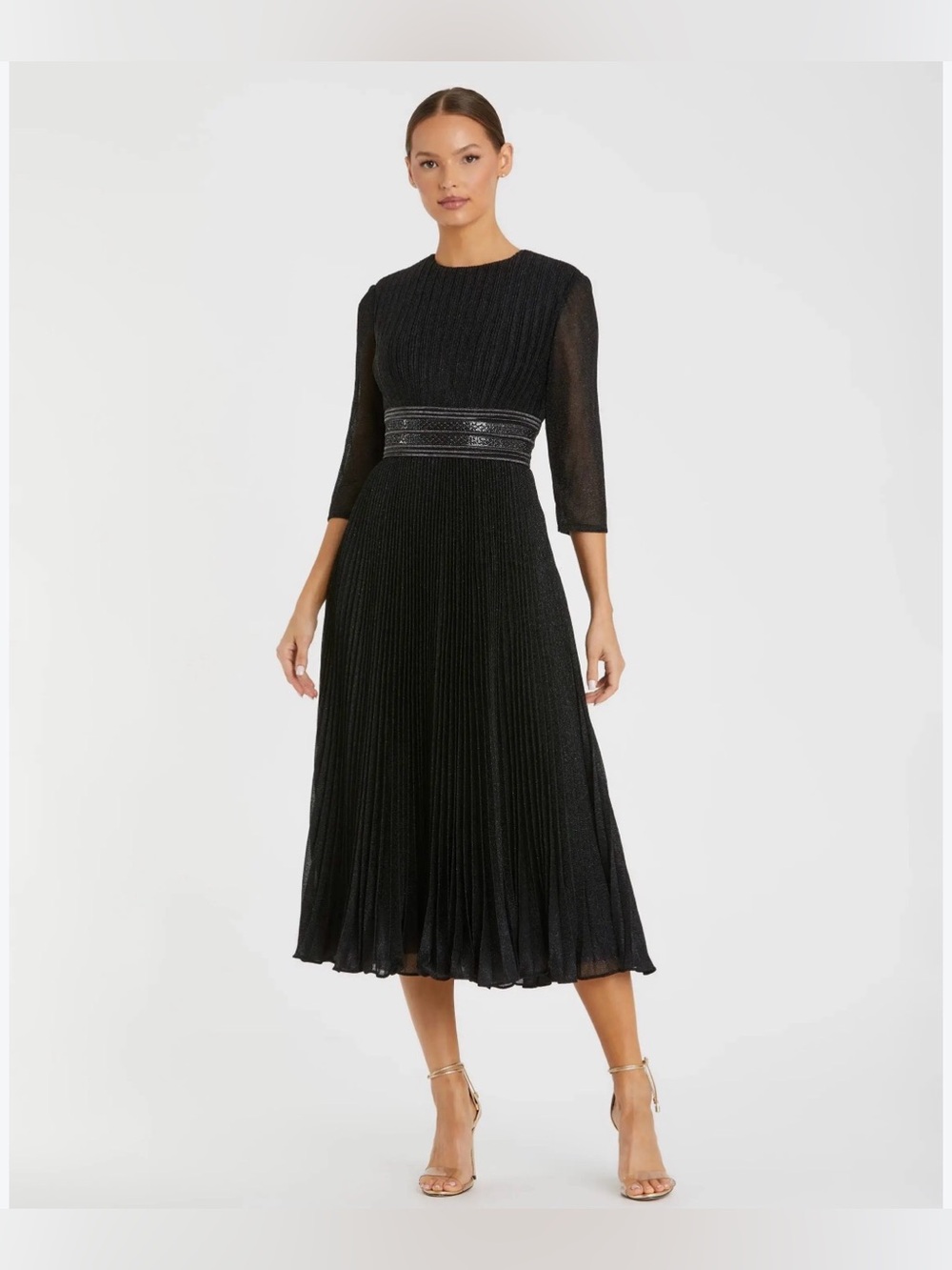 Mac Duggal Black Pleated Midi Dress with Sheer Sleeves